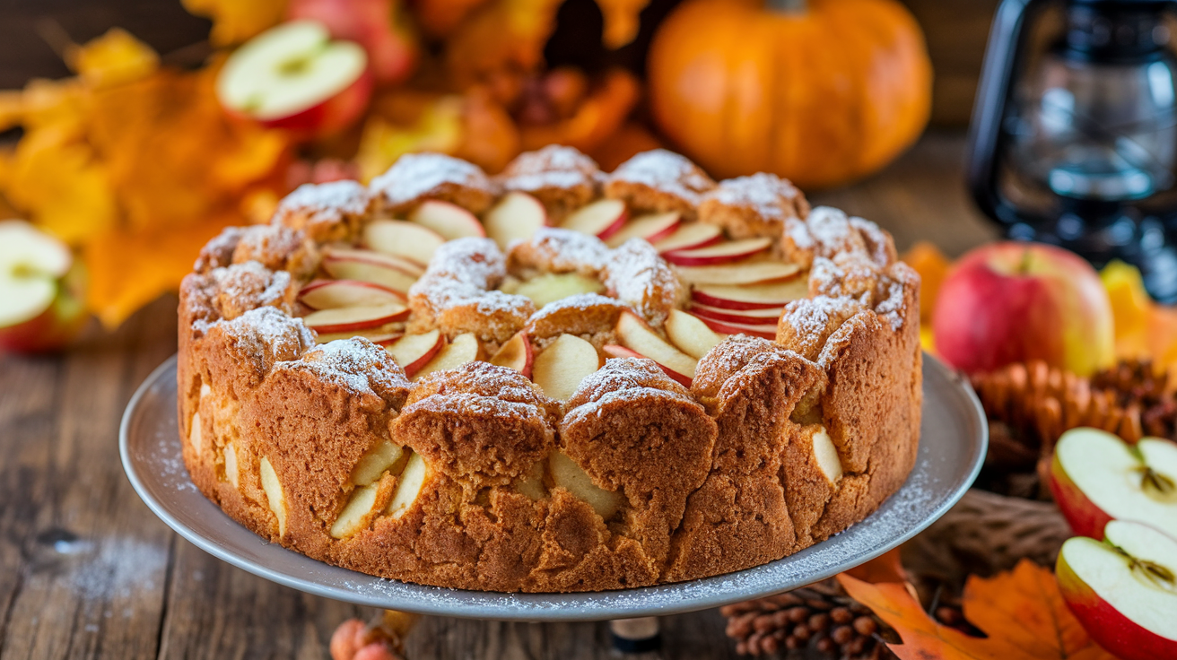 Apple sour cream coffee cake on a wooden table