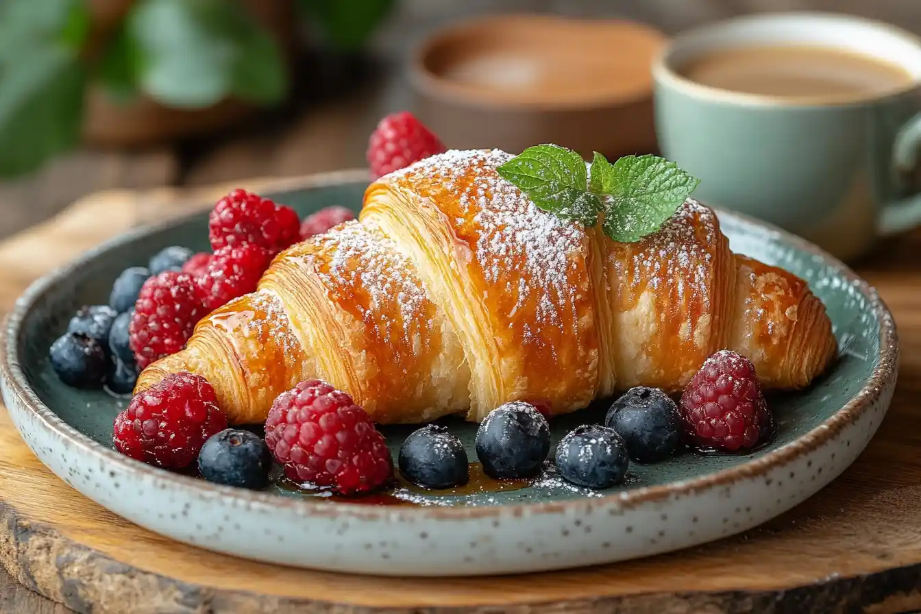 A brunch table featuring croissant French toast, a fruit salad, mimosas, and a quiche, styled with flowers and rustic décor.