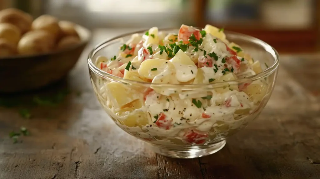 What is Hellmann's Potato Salad? The Ultimate Guide 4 u5778331574 A clear glass bowl of creamy potato salad made wi 6d649fd0 75ff 41b5 9142 e4437aa7ab75 3 What is Hellmann's Potato Salad? The Ultimate Guide