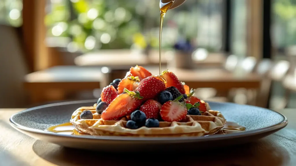 Kodiak waffles with fresh fruits and syrup on a plate.