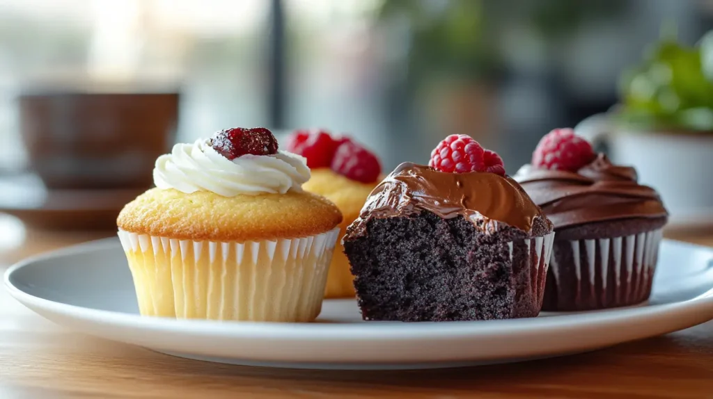 A plate of freshly baked gluten-free cupcakes with soft, golden tops, beautifully decorated with vanilla, chocolate ganache, and berry-infused frosting, sitting next to a warm cup of coffee in a cozy café setting.
