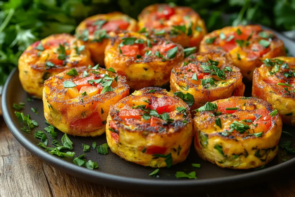 Gluten-free omelet breakfast bites served with herbs.