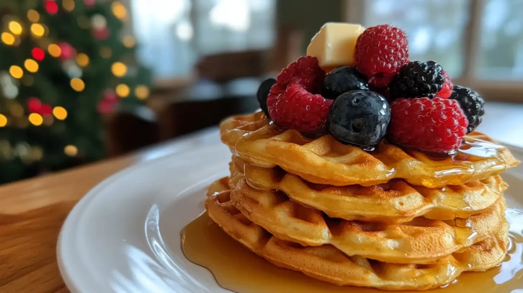 Stack of Kodiak waffles topped with berries and syrup.