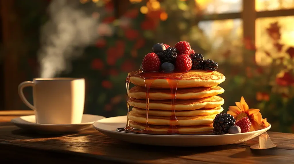 A stack of Kodiak pancakes topped with berries and maple syrup.