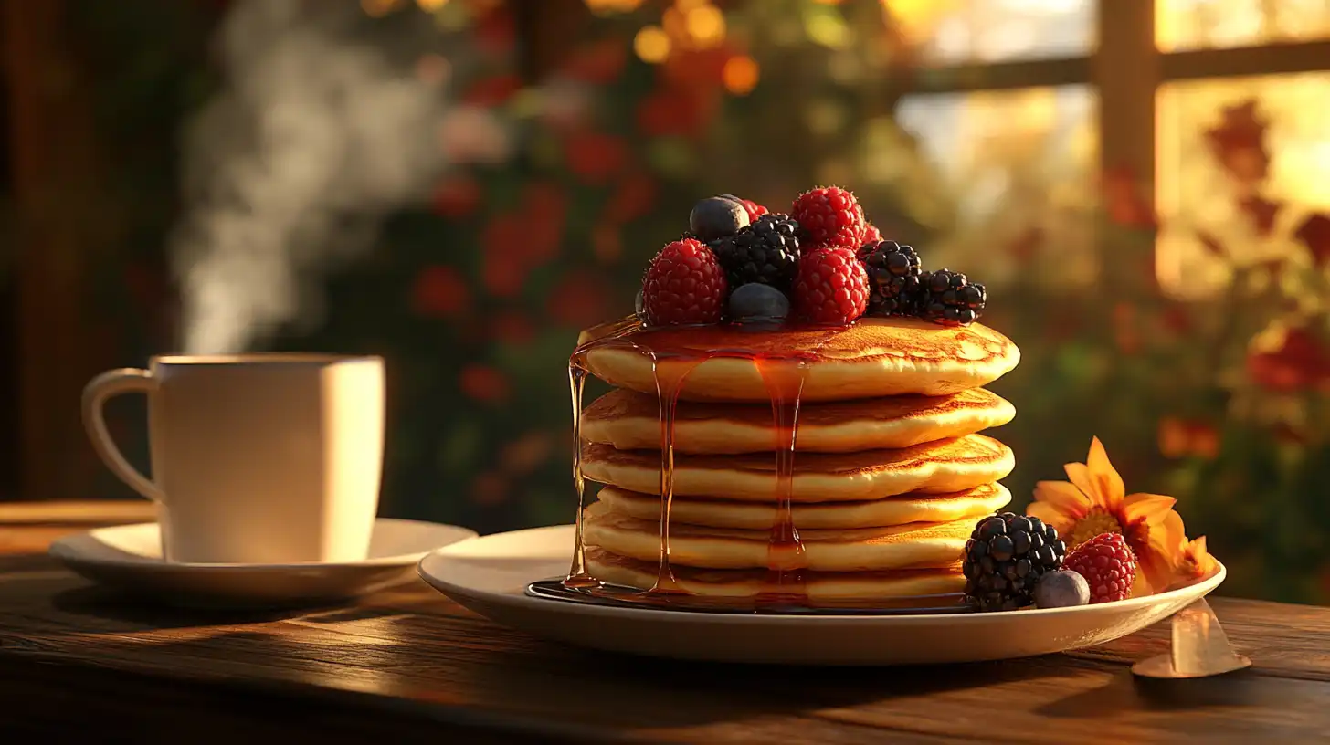 A stack of Kodiak pancakes topped with berries and maple syrup.