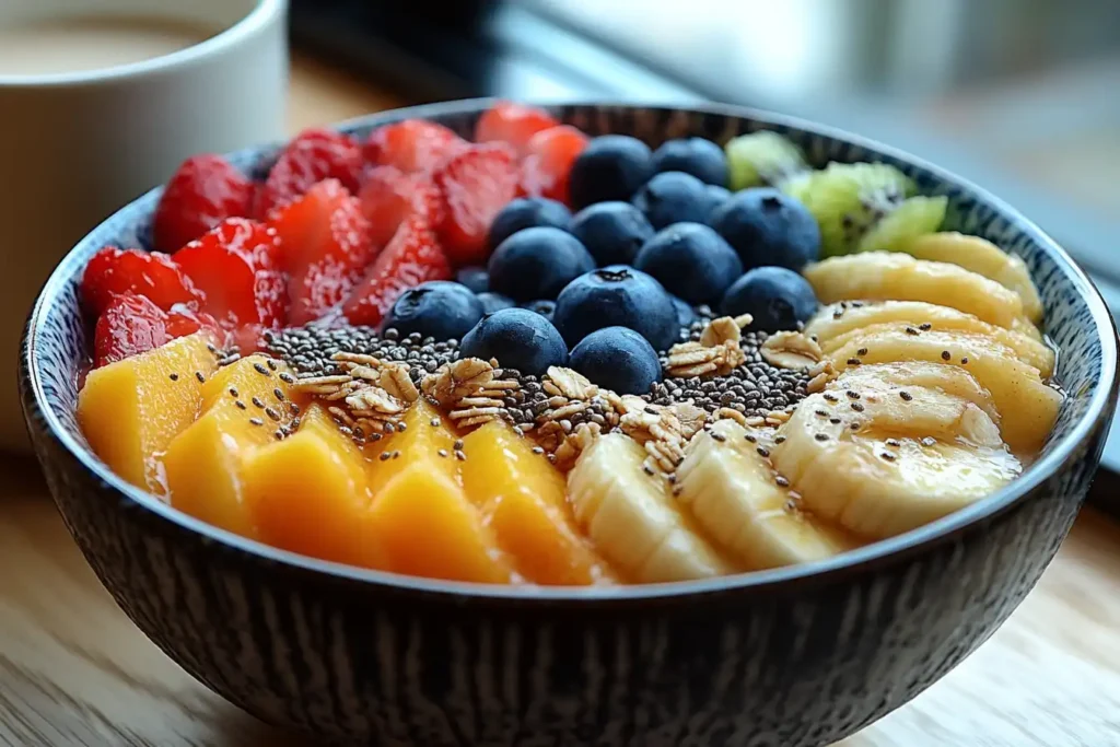 Gluten- and egg-free breakfast spread with smoothie bowl and almond milk.
