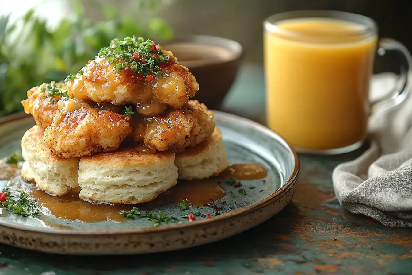 A plate of chicken biscuits and gravy on a breakfast table with coffee and juice