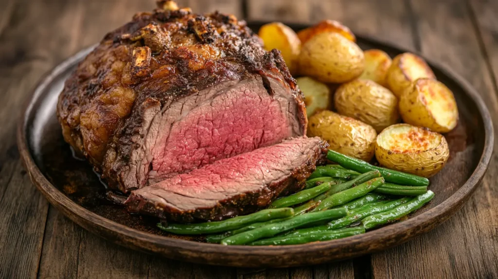 Perfectly cooked ribeye roast with a crispy crust and juicy center.