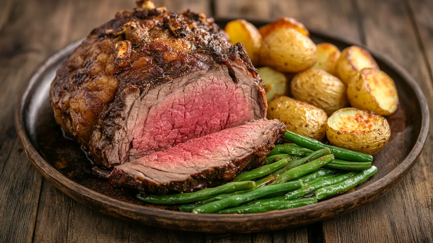 Perfectly cooked ribeye roast with a crispy crust and juicy center.