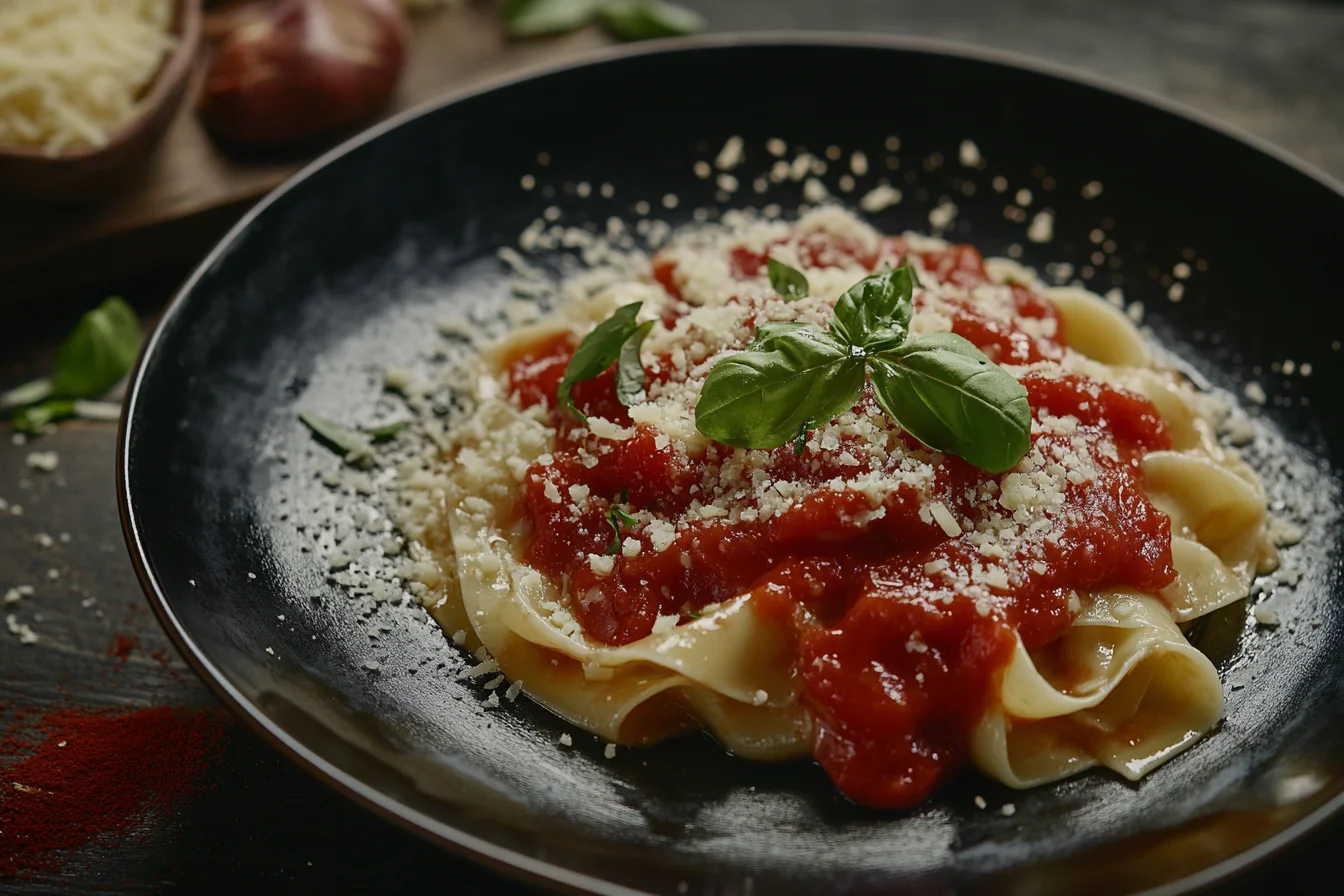 Tomato sauce simmering with butter swirled in and fresh basil.
