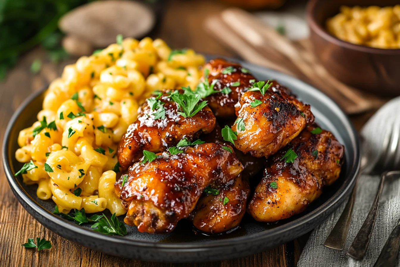 Sweet and spicy honey pepper chicken with macaroni and cheese