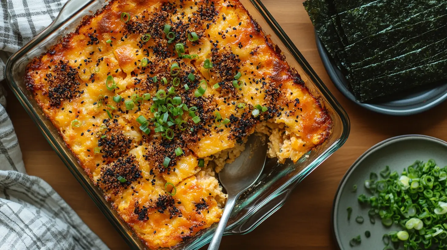 A Freshly Baked Sushi Bake In A Square Glass Baki