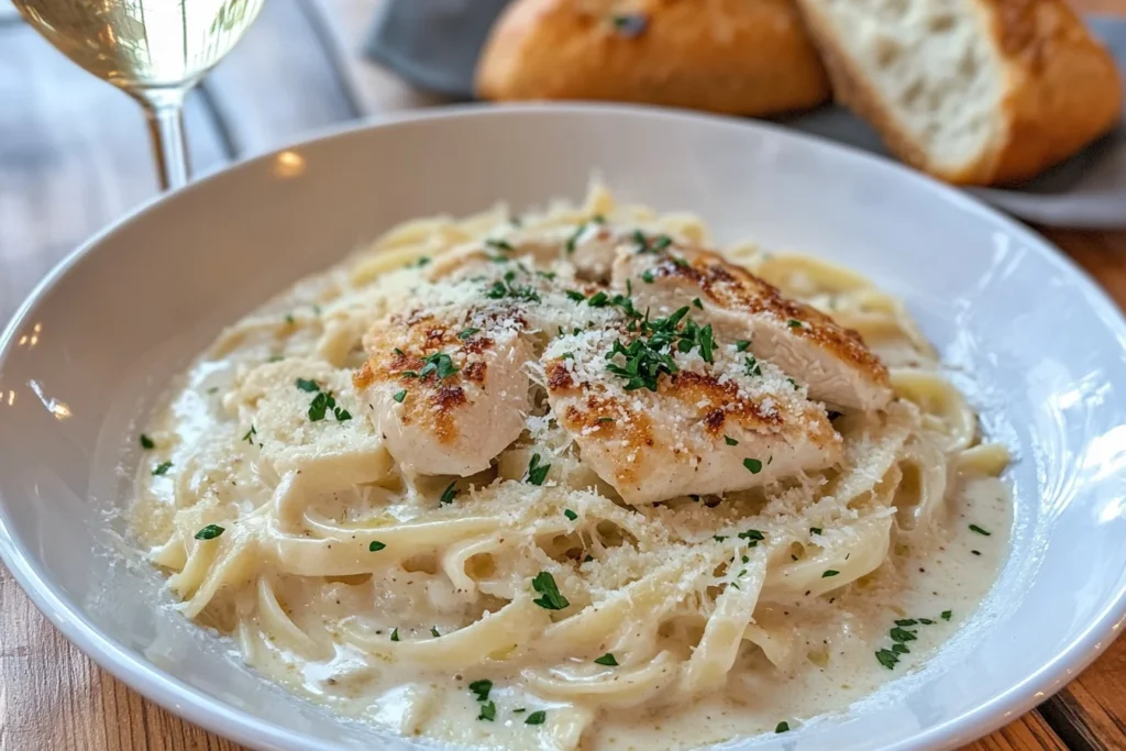 A beautifully plated chicken Alfredo dish with Parmesan cheese and parsley.