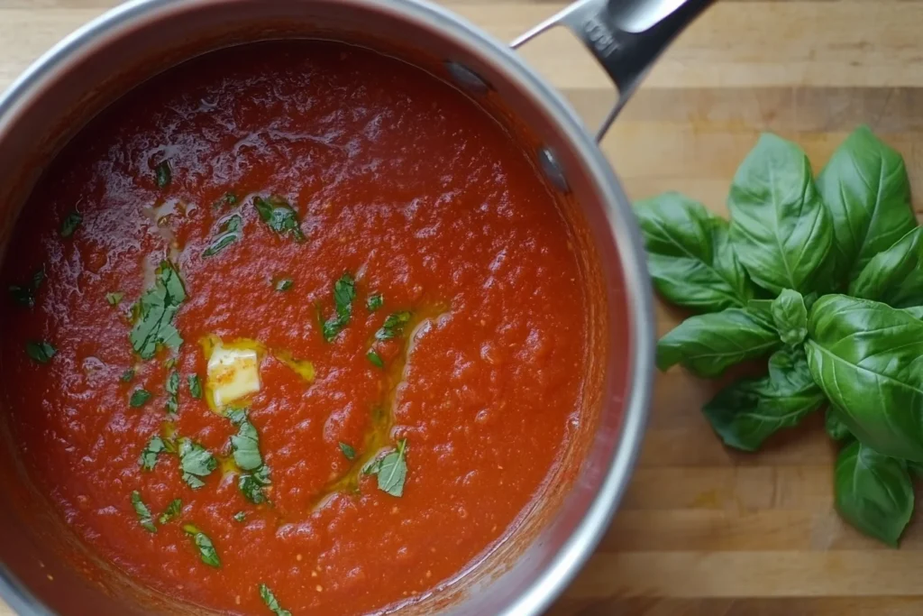 Tomato sauce in a pan with pasta water being added.