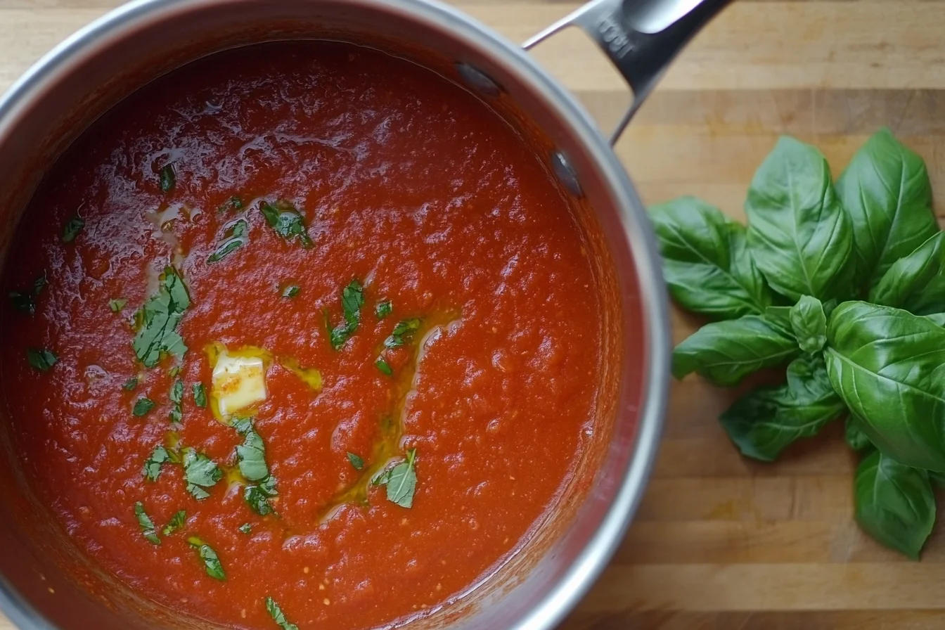 Tomato sauce in a pan with pasta water being added.