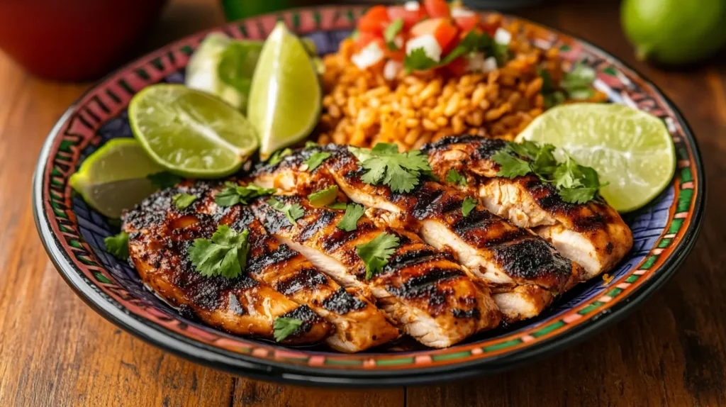 Grilled Mexican chicken with lime and sides on a wooden table.