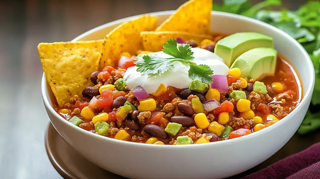 A delicious bowl of taco soup frios topped with avocado, sour cream, and cheese.