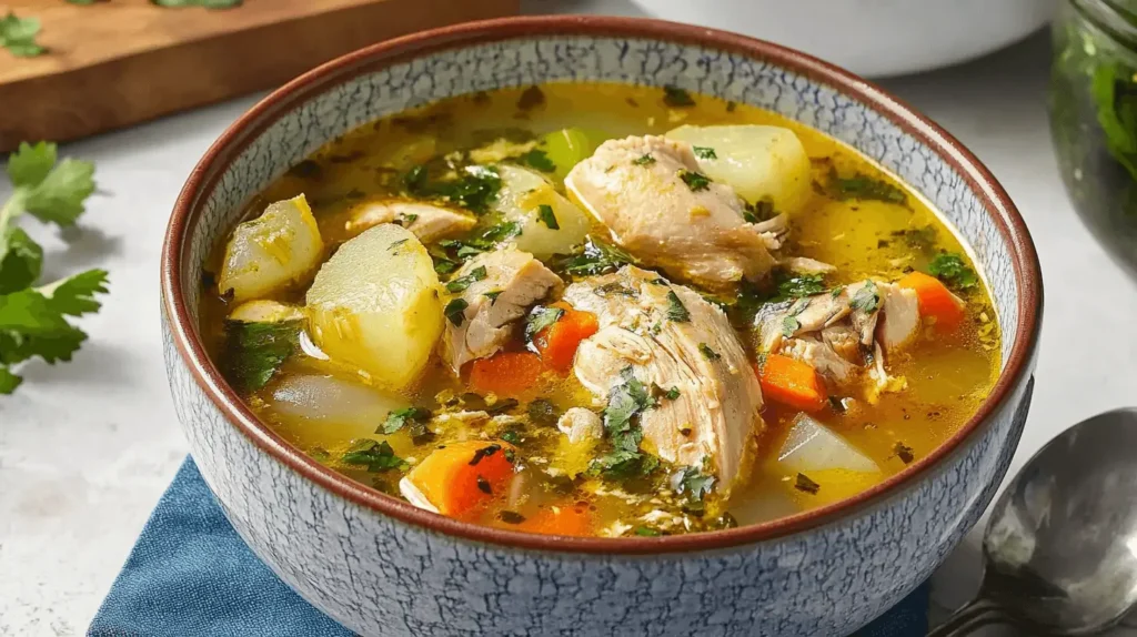 Bowl of caldo de pollo with vegetables and chicken.