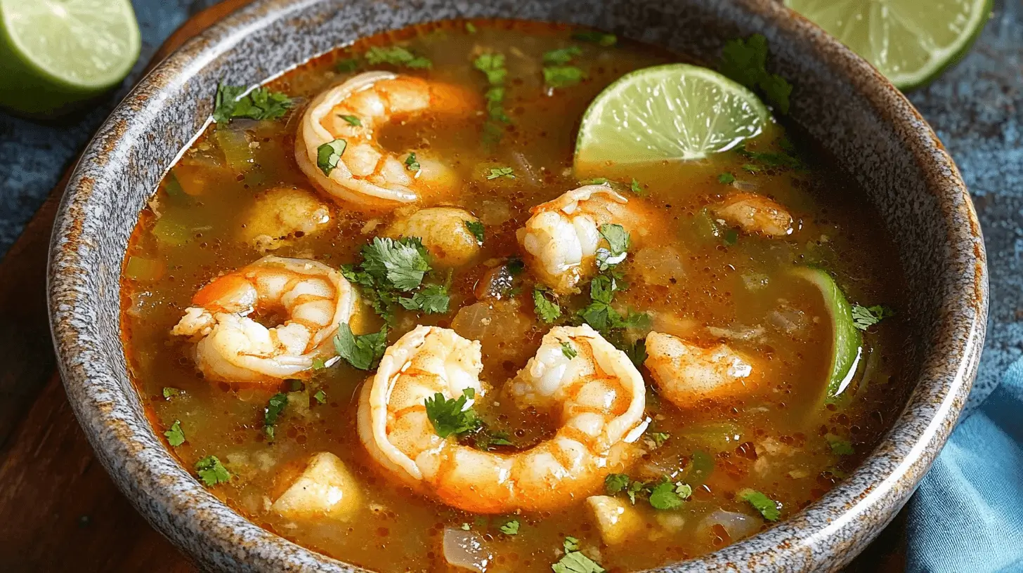 A vibrant bowl of Caldo De Camaron (Mexican Shrimp Soup) with shrimp, vegetables, and smoky red broth on a rustic wooden table.