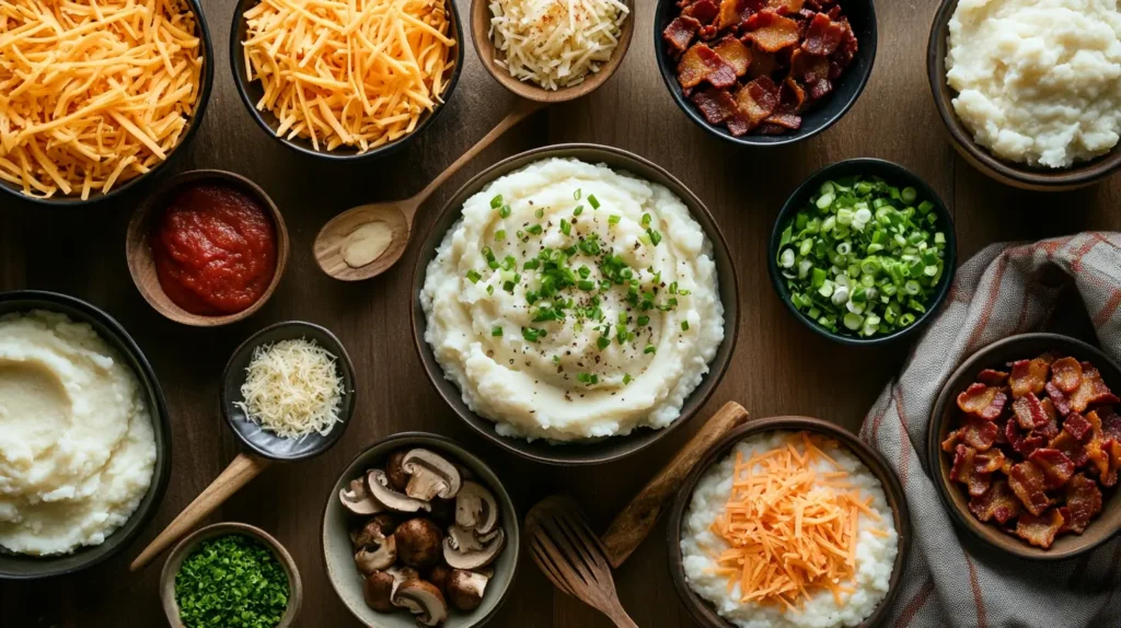 Mashed Potato Bowl Recipe 6 Mashed potato bar with various toppings in small bowls.