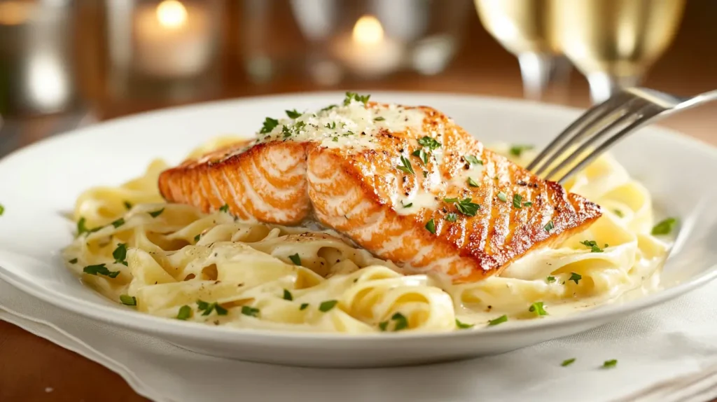 A creamy Alfredo Salmon Pasta dish with fresh parsley and Parmesan.