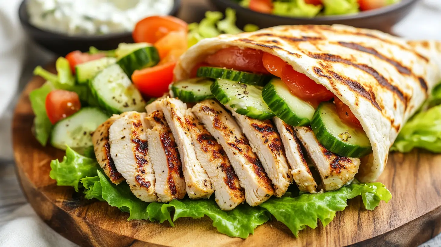 Grilled chicken pita wrap with fresh vegetables and tzatziki sauce.