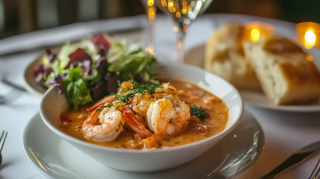 A gourmet serving of Crab and Shrimp Bisque with bread and white wine.