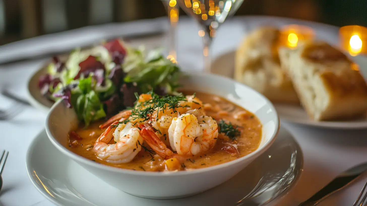 A gourmet serving of Crab and Shrimp Bisque with bread and white wine.