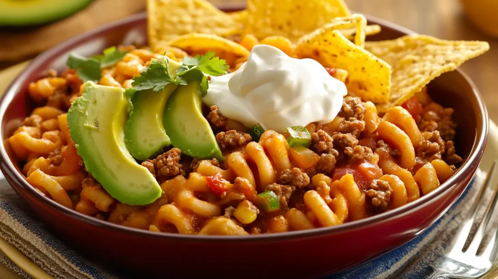 A bowl of Taco Hamburger Helper with tortilla chips and avocado.