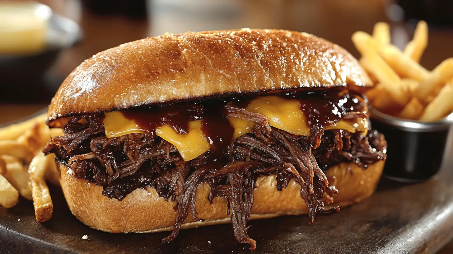 Shredded beef sandwich with melted cheese and caramelized onions on a hoagie roll.