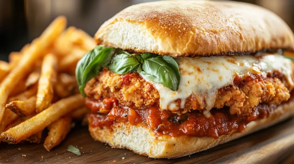 Crispy Chicken Parm Sandwich with melted cheese and marinara sauce on a toasted hoagie roll.