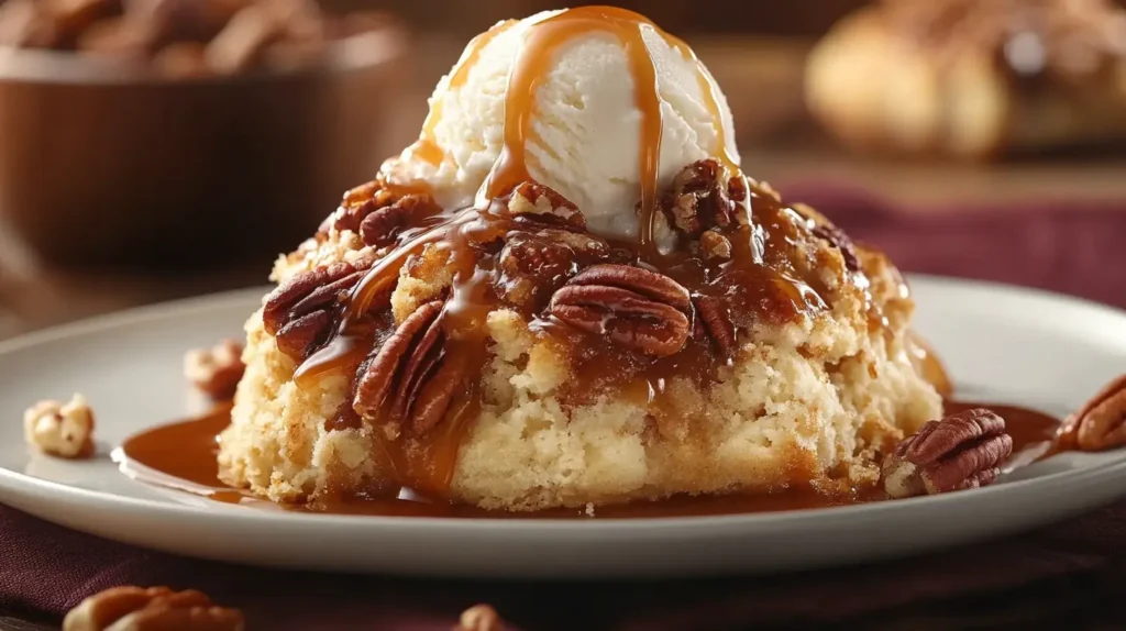 Freshly baked pecan pie cobbler with a scoop of vanilla ice cream.