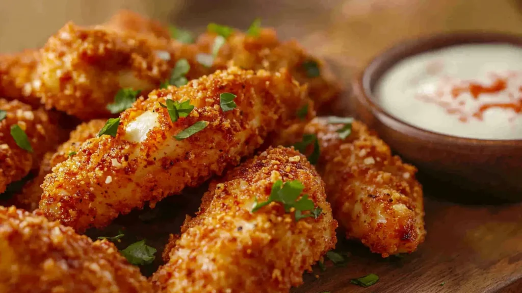 Crispy Nashville mozzarella sticks with marinara and ranch dip.