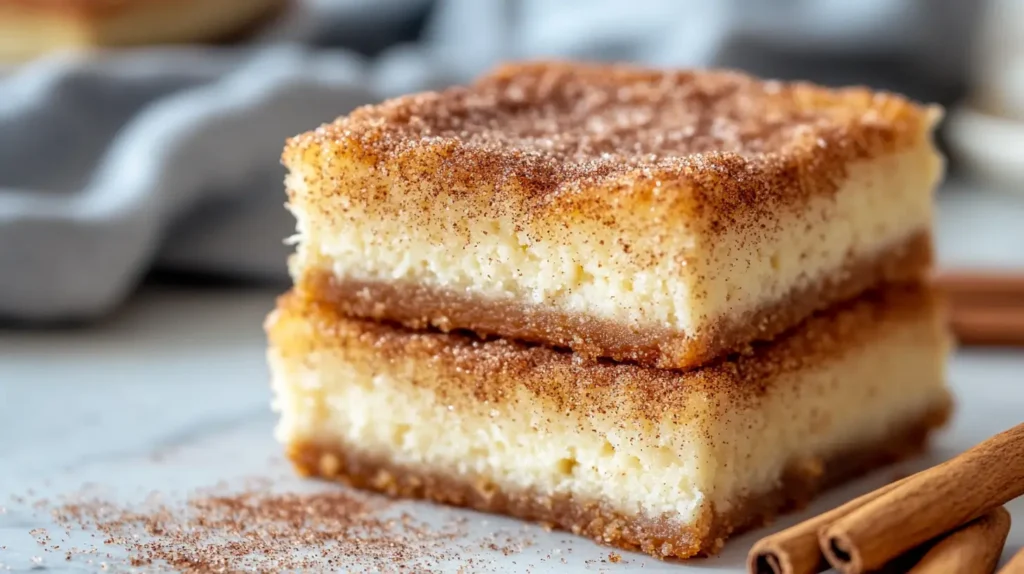 Close-up of stacked churro cheesecake bars with a crispy cinnamon-sugar topping
