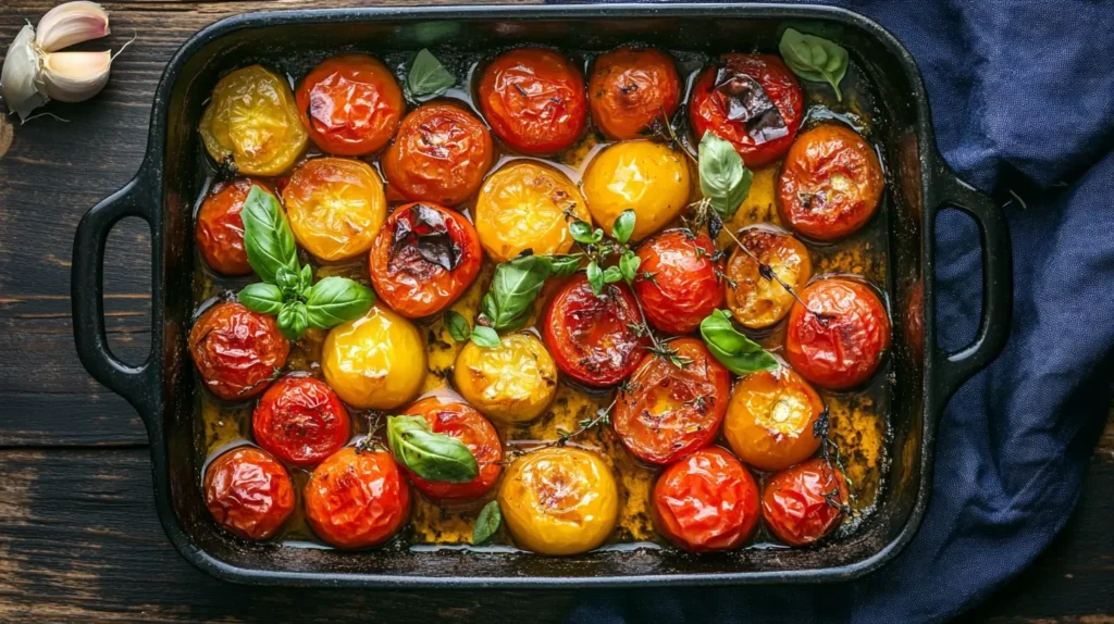 Slow-roasted cherry tomato confit in olive oil with fresh basil and thyme in a black cast-iron dish.