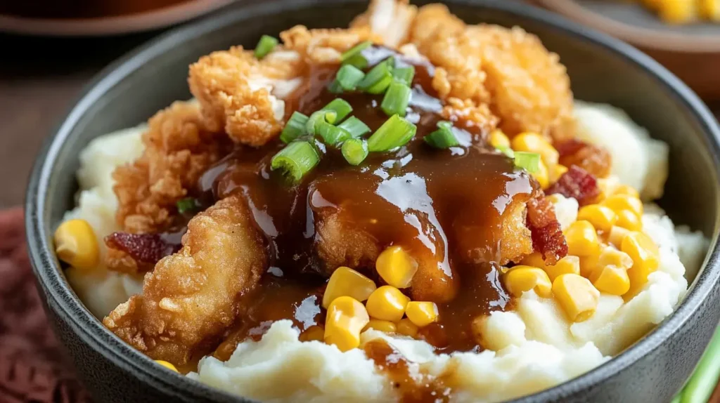 Mashed potato bowl with crispy chicken, cheese, and gravy.