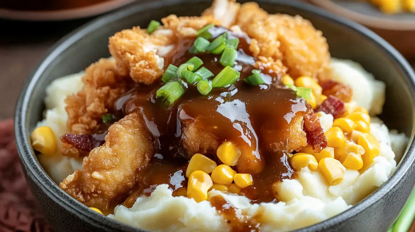 Mashed potato bowl with crispy chicken, cheese, and gravy.
