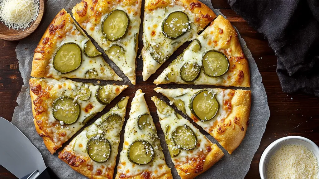 Freshly baked pickle ranch pizza with melted cheese and pickles.
