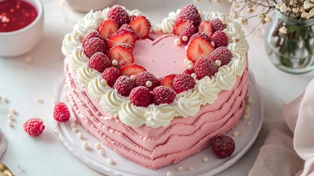 A beautifully decorated heart-shaped cake with pink frosting, topped with fresh strawberries, raspberries, and white sprinkles, placed on a white plate.