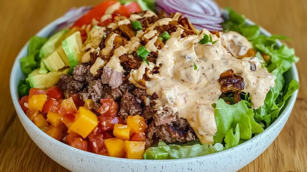 A delicious loaded burger bowl with fresh toppings and creamy sauce.