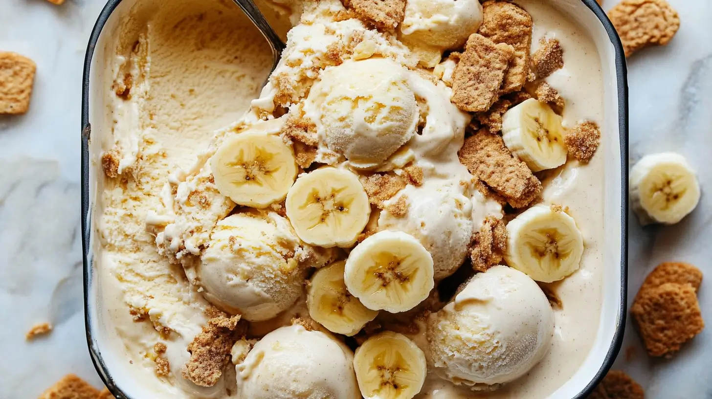 A close-up of creamy banana pudding ice cream with swirls of golden vanilla wafers and fresh banana slices in a rustic bowl.