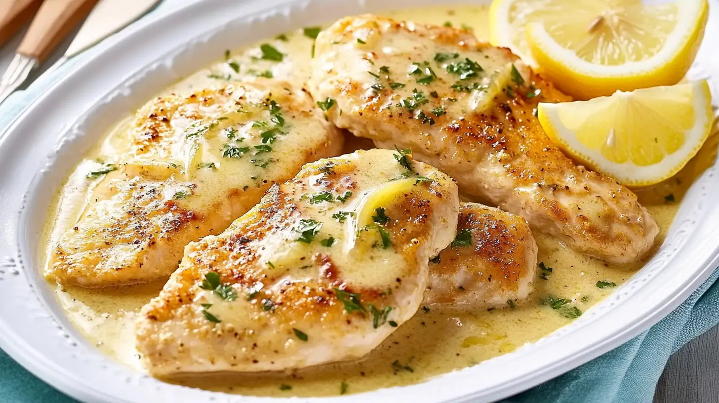 Chicken Limone served on a white platter, drizzled with a rich lemon butter sauce and garnished with fresh lemon wedges and chopped parsley.