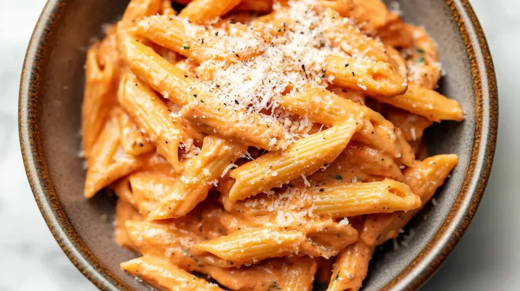 A bowl of creamy tomato goat cheese pasta garnished with fresh basil and Parmesan cheese.