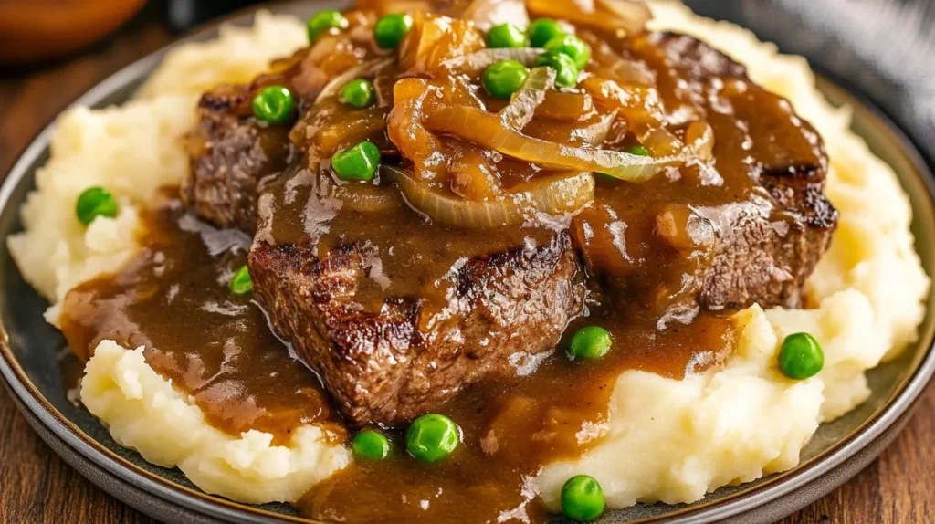 Plate of slow-cooked cube steak with onion gravy and mashed potatoes.