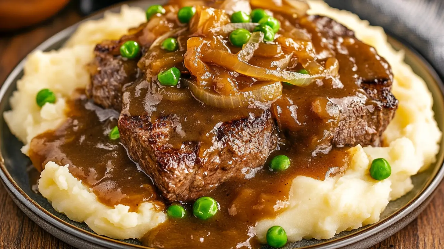 Plate of slow-cooked cube steak with onion gravy and mashed potatoes.