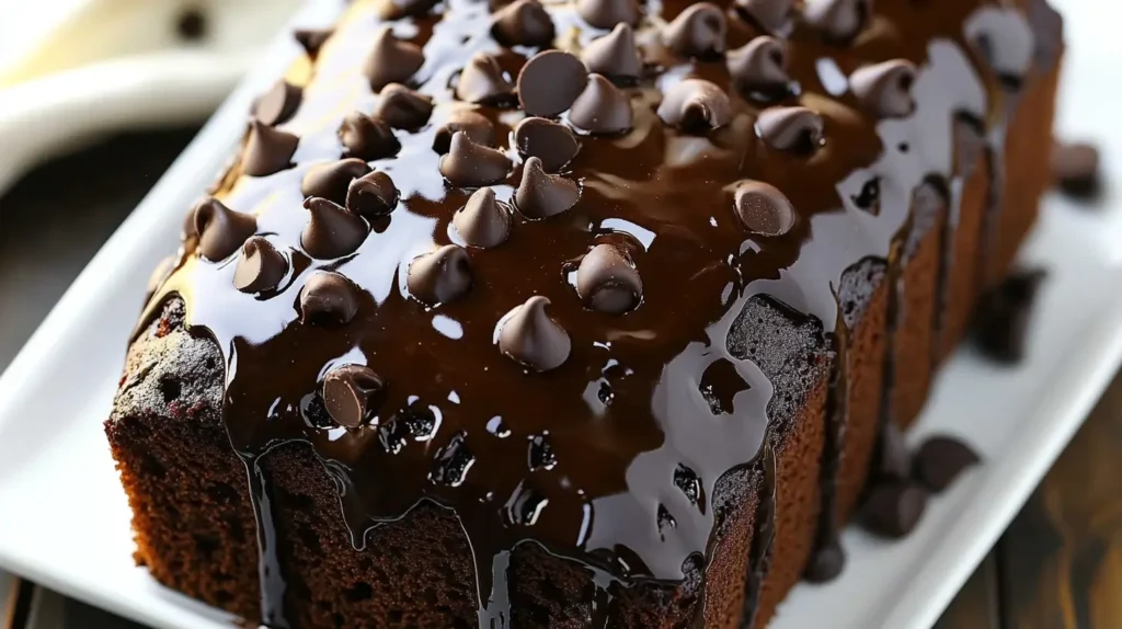 Freshly baked hot fudge brownie bread with a cracked top and gooey chocolate pockets.