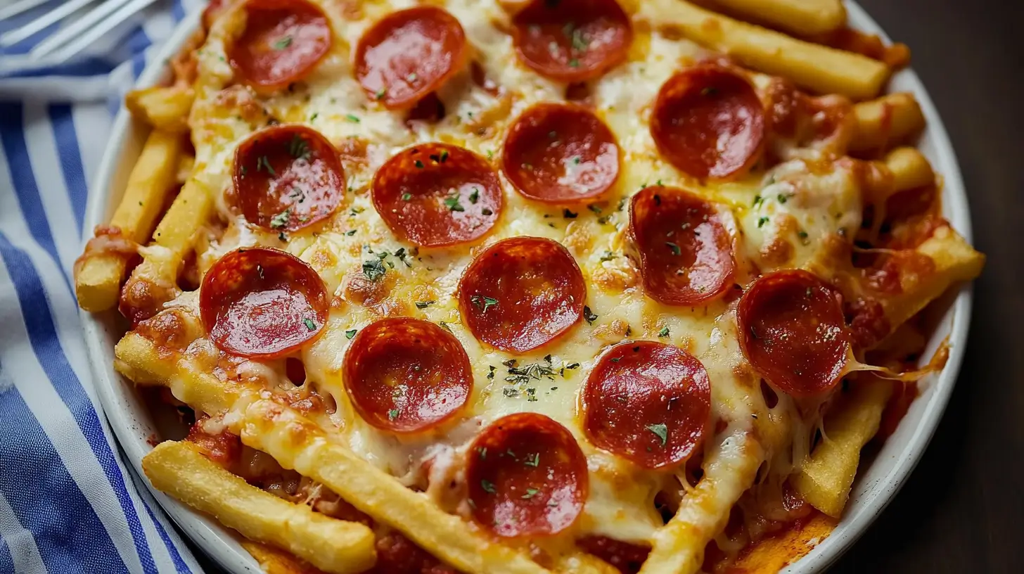 Crispy pizza fries with melted cheese and pepperoni.