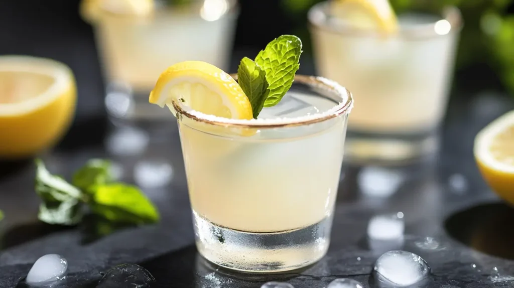Chilled White Tea Shots with lemon and peach garnish on a bar counter.