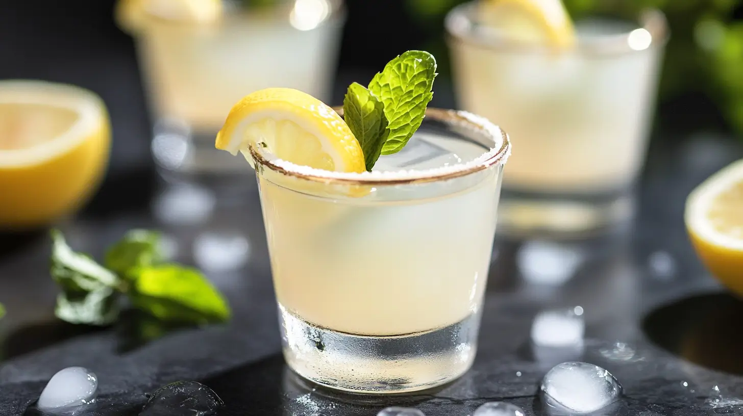 Chilled White Tea Shots with lemon and peach garnish on a bar counter.