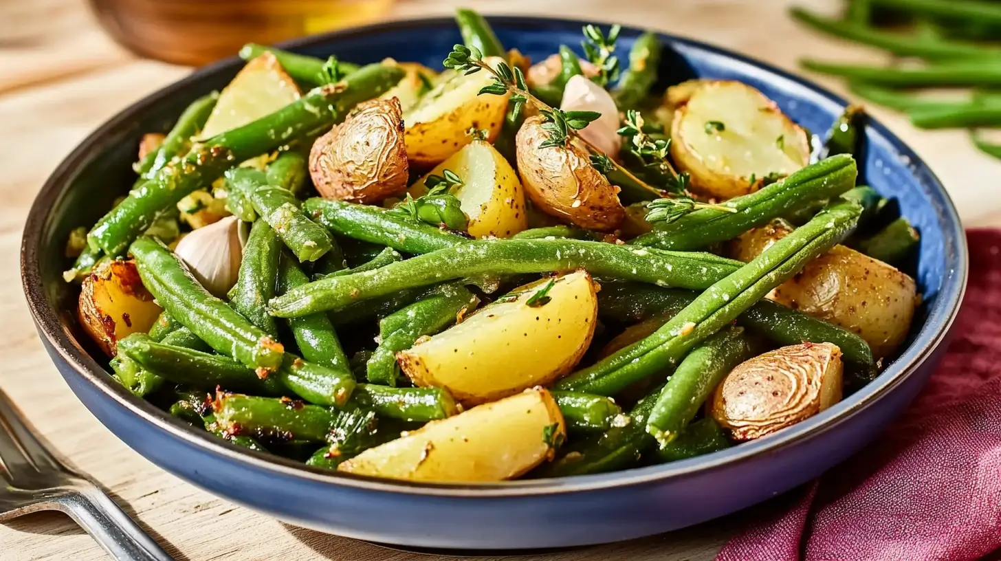 Roasted green beans and potatoes with garlic and herbs.